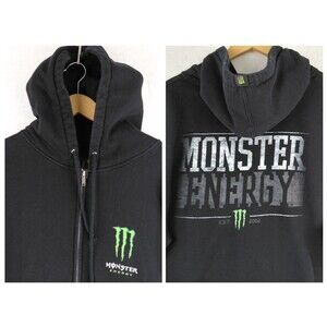 VTG Monster Energy Hoodie Mens 2XL Black Full Zip Graphic Logo Sweatshirt Y2K